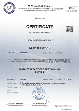 Welding inspection certificate