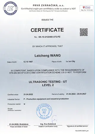 Welding inspection certificate