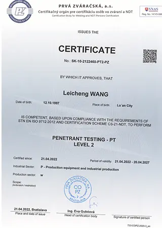 Welding inspection certificate